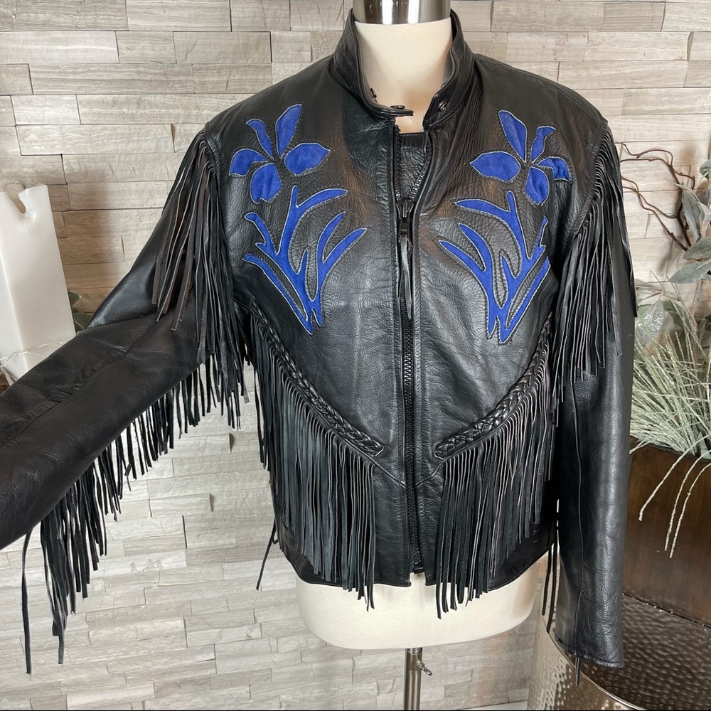 Barney’s Leather EUC MED Vintage Fringe Black Leather and Blue Suede Moto Jacket
